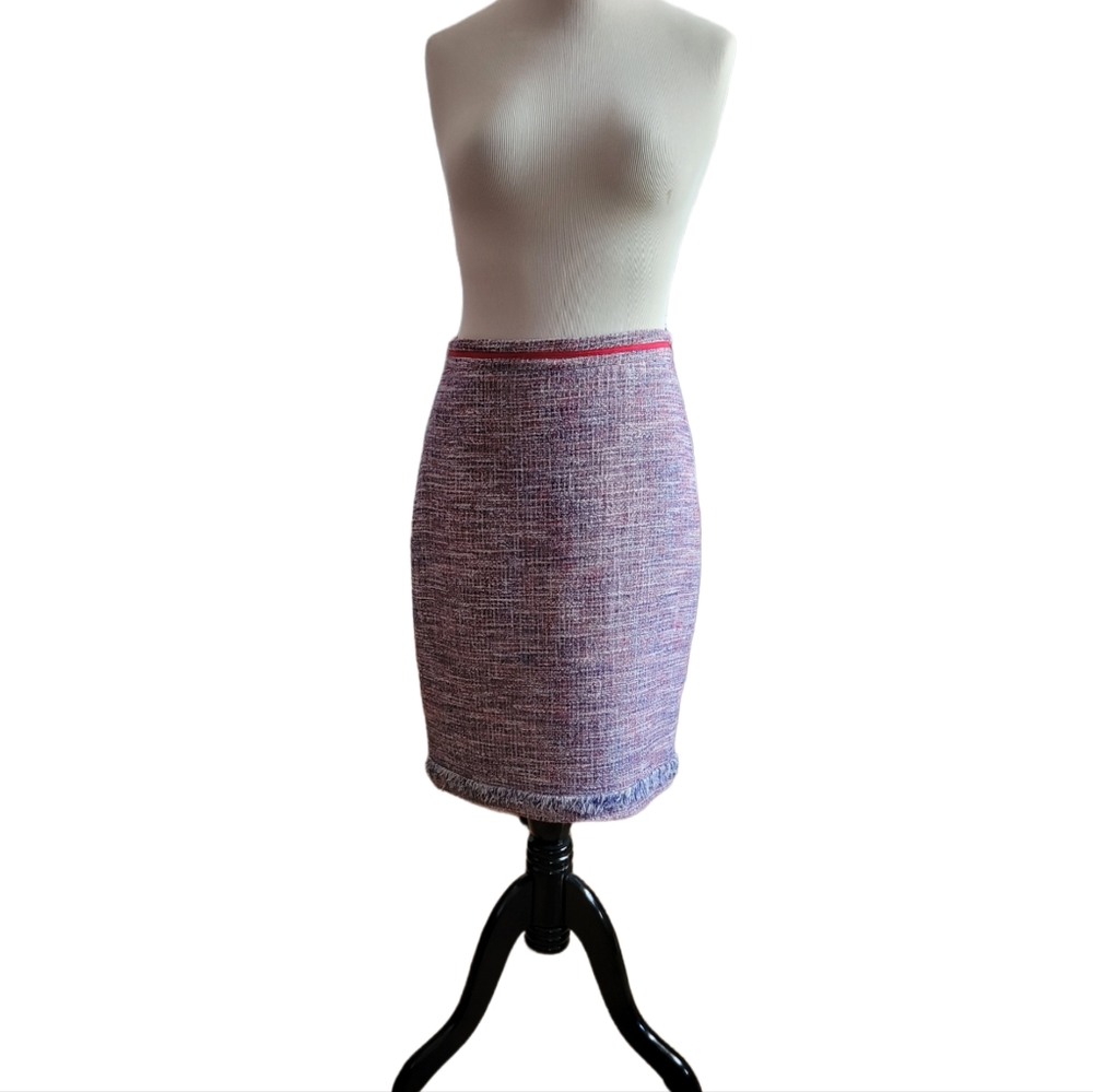 Carolina Herrera Tweed Pencil Skirt 6 Fringe Ribbon - Picture 4 of 8